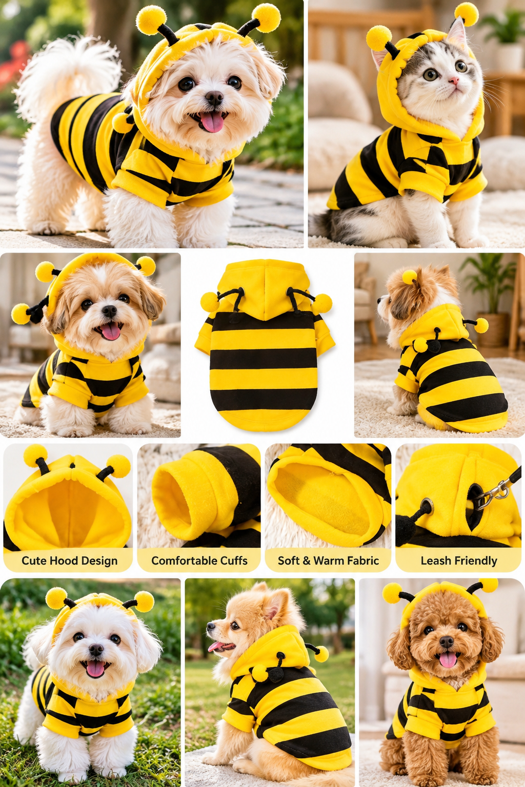 Bee Dog & Cat Winter Hoodie | Warm Fleece Costume for Small Pets