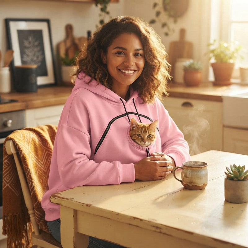 A woman wearing a pet carrier hoodie with her cat inside, holding a coffee mug at a kitchen table.